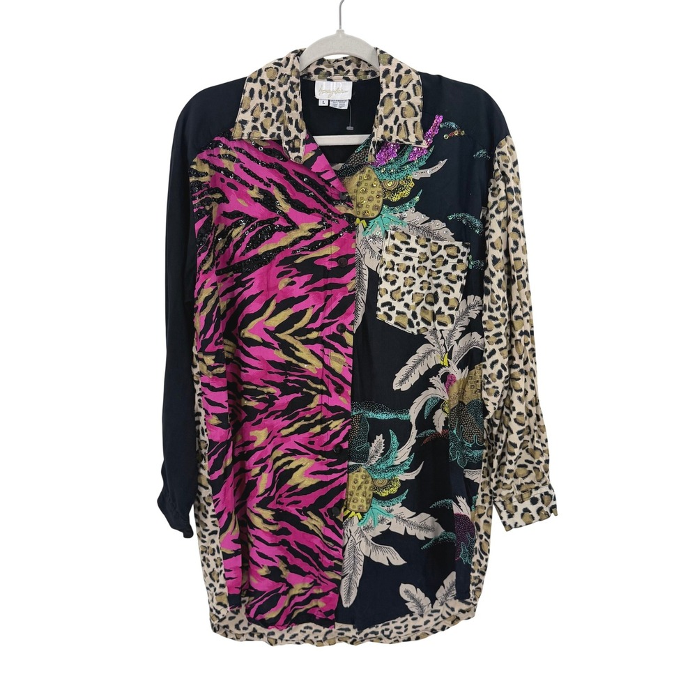 Honeybee HB Animal Print Sequin Tropical Rayon Button Up Shirt Black L Vegas